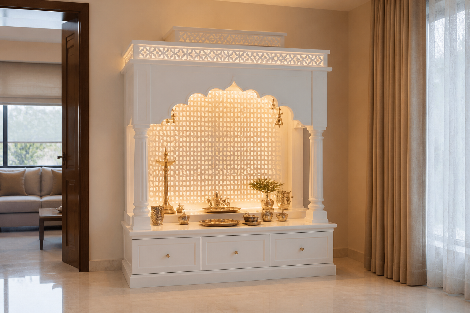 Completed custom CNC Corian mandir with installation